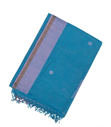 Cyan Handloom Bengal Cotton Saree With Floral Buttas-Cyan