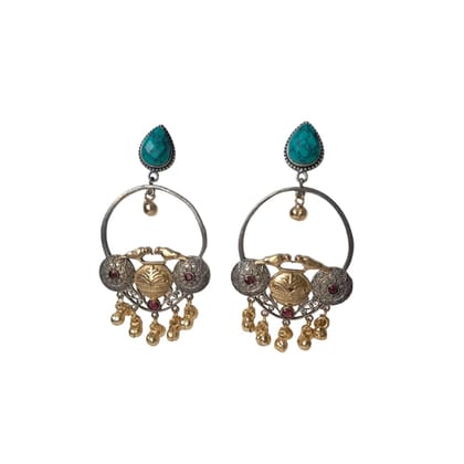 Anvaya Collections Turquoise and Gold Hoop Earrings, Traditional Design with Ruby Stones, Ghungroo Bell Danglers