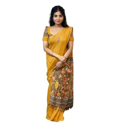 DARSHANS Women's Linen Printed Saree With Unstitched Blouse 5.5Mtr (Mustard)-PID65189