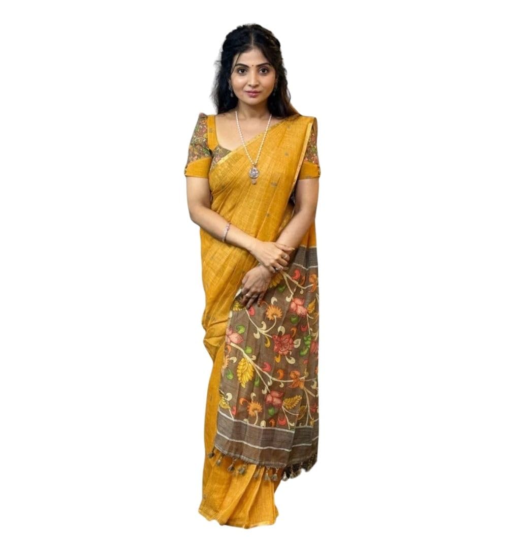 DARSHANS Women's Linen Printed Saree With Unstitched Blouse 5.5Mtr (Mustard)-PID65189