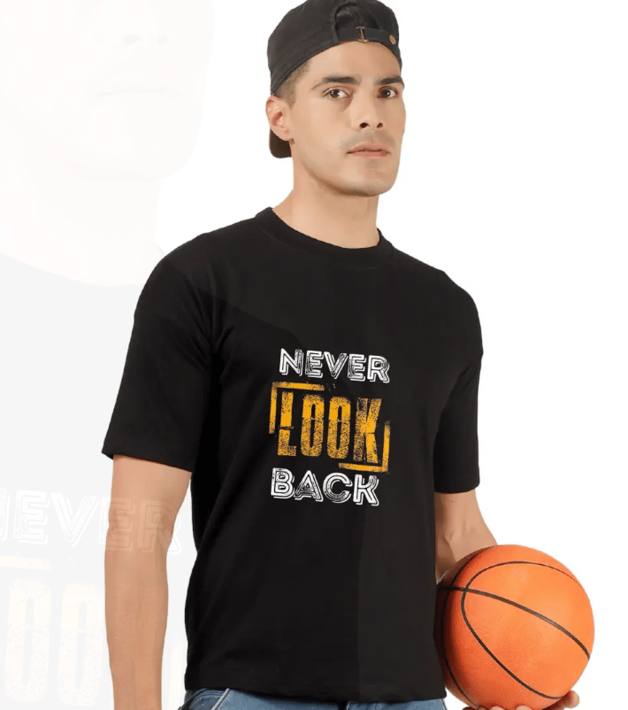 Men's Black Regular Fit T-Shirt - 'Never Look Back' Graphic Tee - Black / S