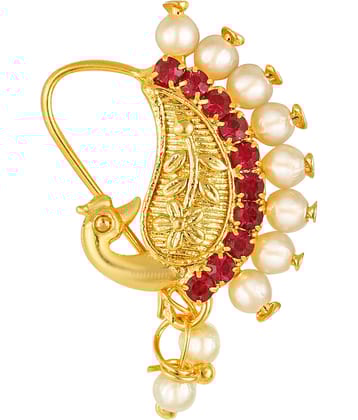 Vighnaharta Gold Plated Red Stone with Peals Alloy Maharashtrian Nath Nathiya./ Nose Pin for women VFJ1006NTH-TAR