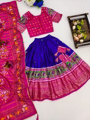 Blue and Pink Border Girls Lehenga-7 - 8 Yrs