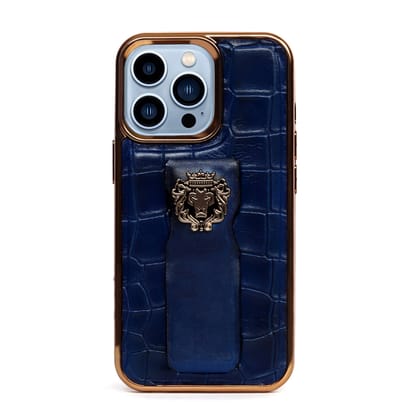 IPhone Series Blue Mobile Cover Golden Rim Finger strap cum Stand Croco Textured Leather with Metal Lion Logo by Brune & Bareskin-13ProMax