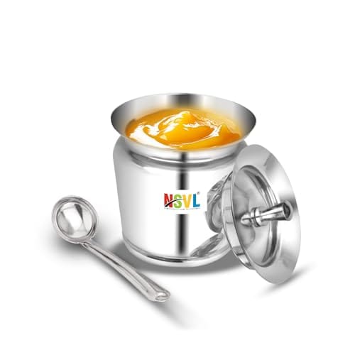 Nsvl Stainless Steel Multipurpose Ghee Pot/Pickle Container, 310 ml, With Spoon,(Lotus Design)-PACK OF 1