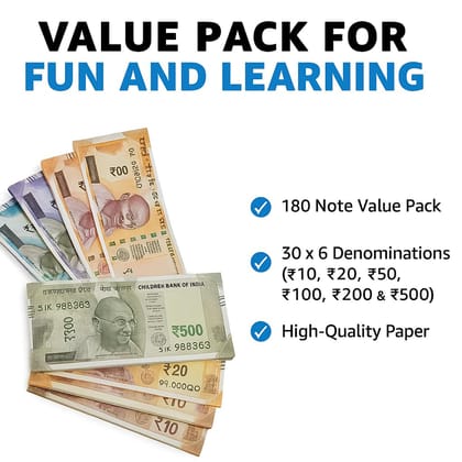 Children Play Money Notes � 180 Pieces (6 Denominations � 30 Each) � ?500/?200/?100/?50/?20/?10 � Dummy Indian Rupee Currency Toy Notes for Kids Learning, Pretend Play, Counting & School Activities