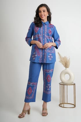 Embroidered Bloom Full Neck Cord Set-BLUE / M