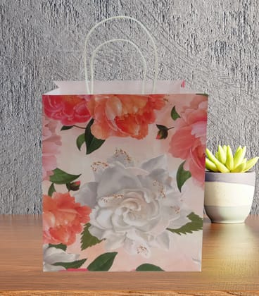 90 GSM Flower Printed Paper Gift Bags, Ideal for Birthday Return Gifts, Wedding Gifts, & Gifting on Special Occasions (Size: 11.4 x 9.4 x 4.7 inch) -  12