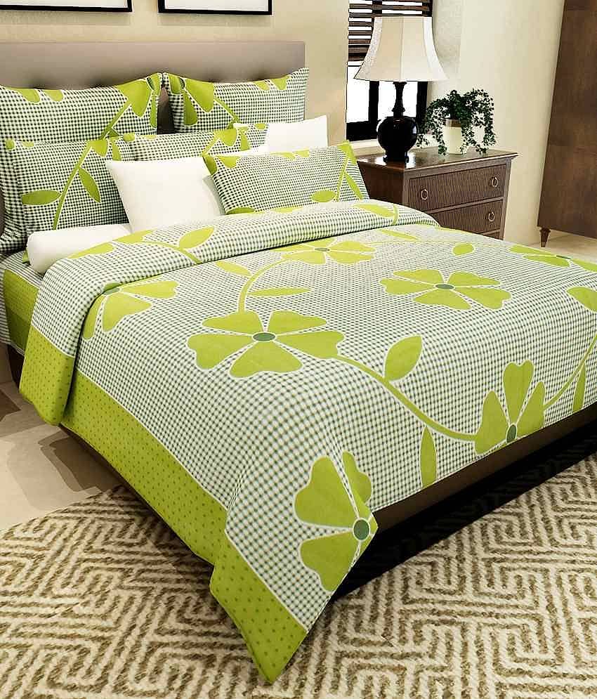 Home Candy 100% Cotton Green Flowers and Checks Double Bed Sheet with 2 Pillow Covers TC 120 (225 x 225 cm)