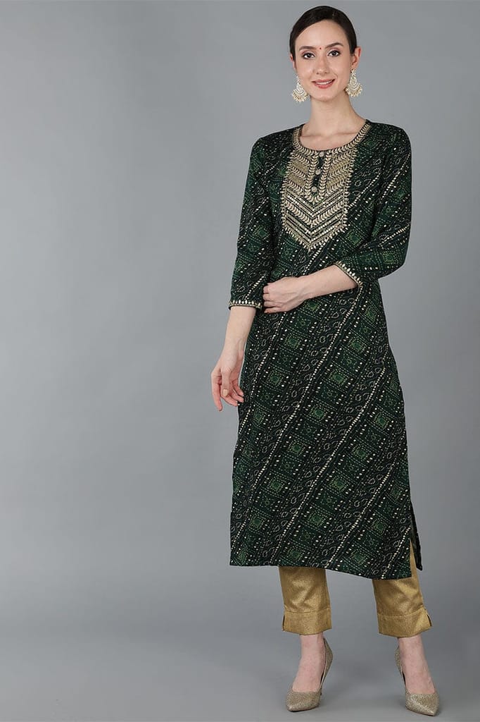 Green Viscose Rayon Ethnic Motifs Straight Kurta VCK8871 - Kurtas & Kurta Sets | Buy online on ZillyBuy