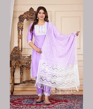 EXPORTHOUSE Silk Blend Embroidered Kurti With Pants Women's Stitched Salwar Suit - Lavender ( Pack of 1 )