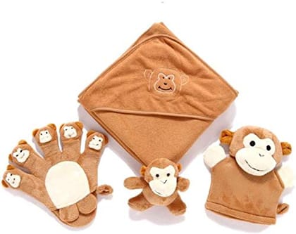 CONNECTWIDE® Premium Extra Soft Cartoon Animal Shape Hooded Bamboo Baby Bath Towel Set Baby Shower Gift Set (4 Pcs Set) (Beige)