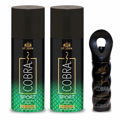 ST-JOHN Cobra Deodrant Sport (150x2) ml & Cobra Perfume (15ml) Deodorant Spray - For Men & Women  (315 ml, Pack of 3) ST-JOHN Cobra Deodrant Sport (150x2) ml & Cobra Perfume (15ml) Deodorant Spray - For Men & Women  (315 ml, Pack of 3)