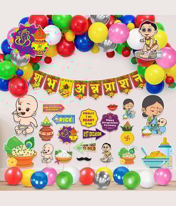 Zyozi Annaprasanam Cardstock Cutout with Annaprasanam Bunting Banner Hindi Font Shubh Annaprashan Yellow & Red Color Font and Balloon,Photo Booth Props (Pack of 65)