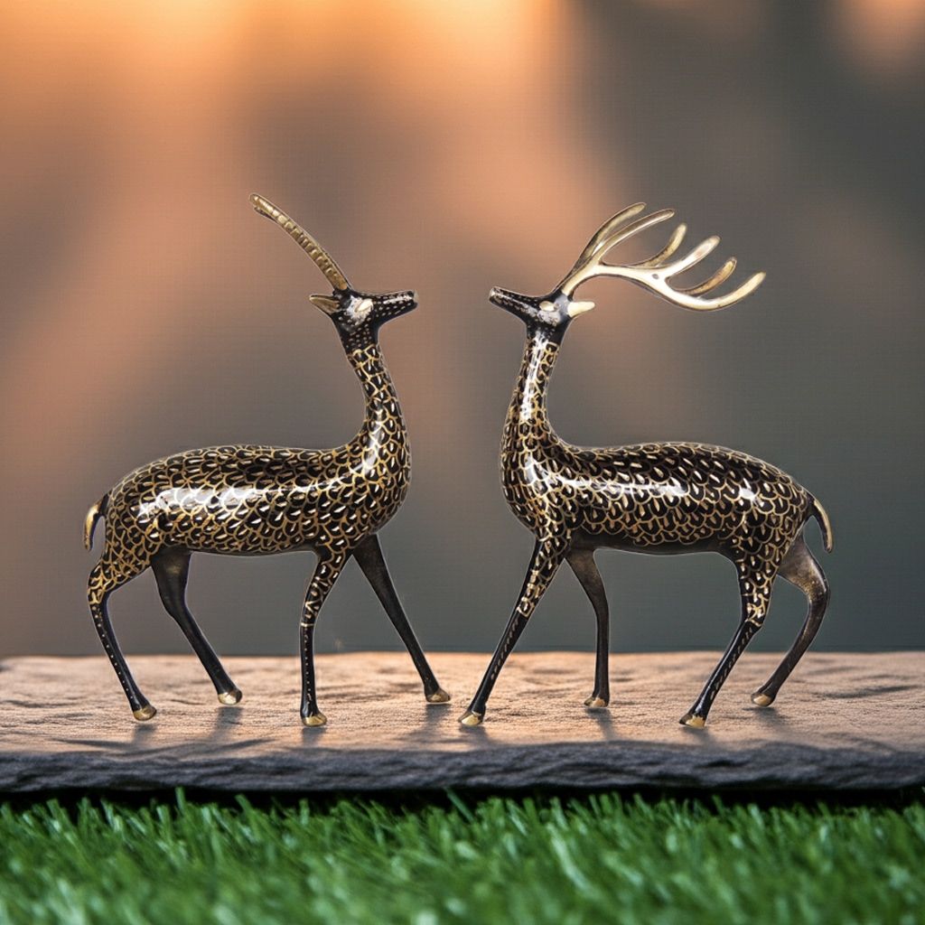 Luxury Brass Deer Pair Black Finish Decorative Statue for Modern Interiors, Height : 9 Inch (ANMAS213 B)