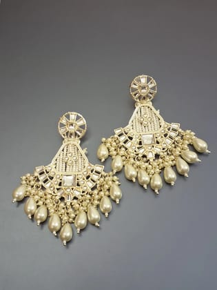 Golden Pearl white Colour Pearl Work Drop Earring-Large