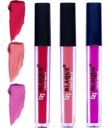 bq BLAQUE Matte Liquid Lipstick Combo of 3 Lip Color 4ml each, Waterproof - Ruby Red, Coral Peach, Swiss Light Magenta