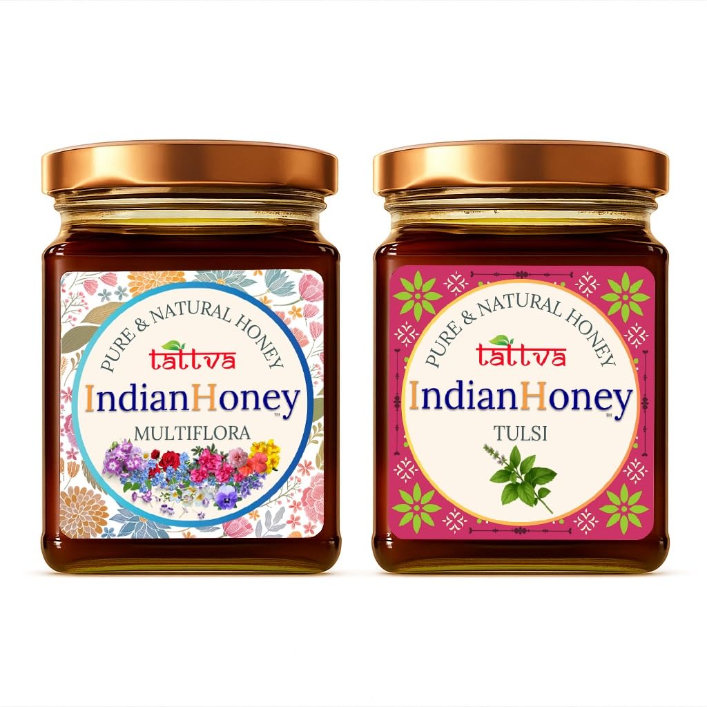 IndianHoney Himalayan Multiflora & Ayurvedic & Stress-Relief Tulsi Infused Honey Combo Pack (230gm & 230gm)
