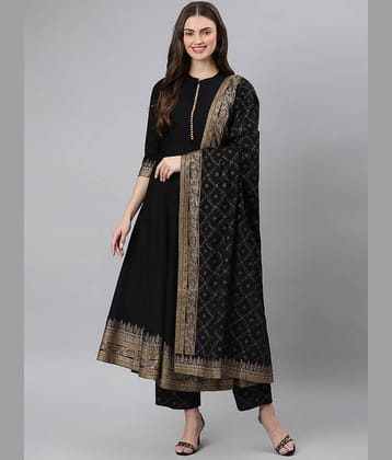 Estela Rayon Printed Kurti With Palazzo Women's Stitched Salwar Suit - Black ( Pack of 1 )
