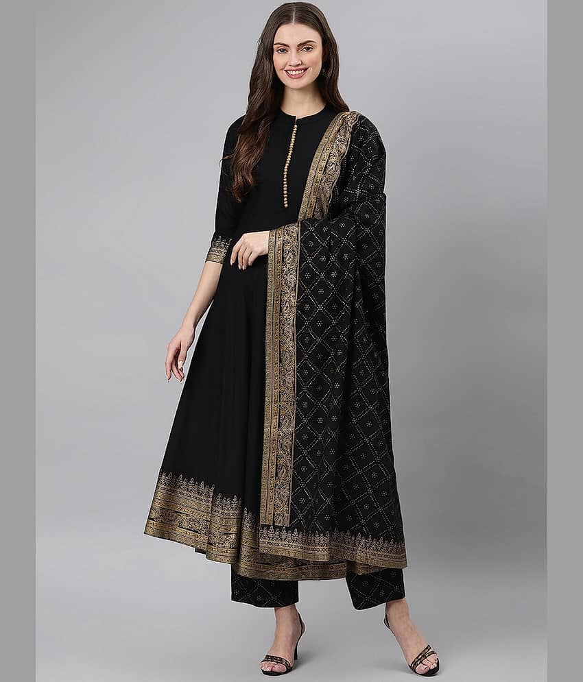 Estela Rayon Printed Kurti With Palazzo Women's Stitched Salwar Suit - Black ( Pack of 1 )