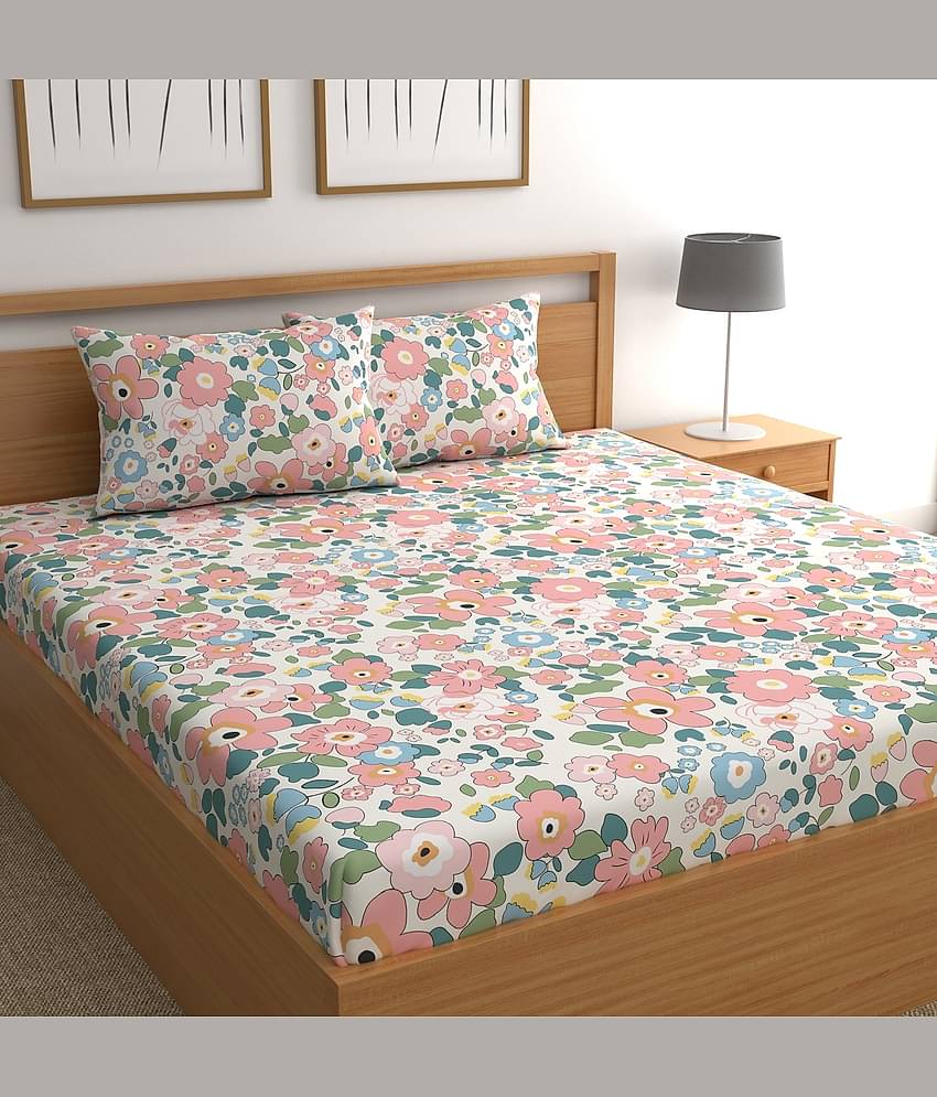 CG HOMES Cotton Floral 1 Double Bedsheet with 2 Pillow Covers - Pink