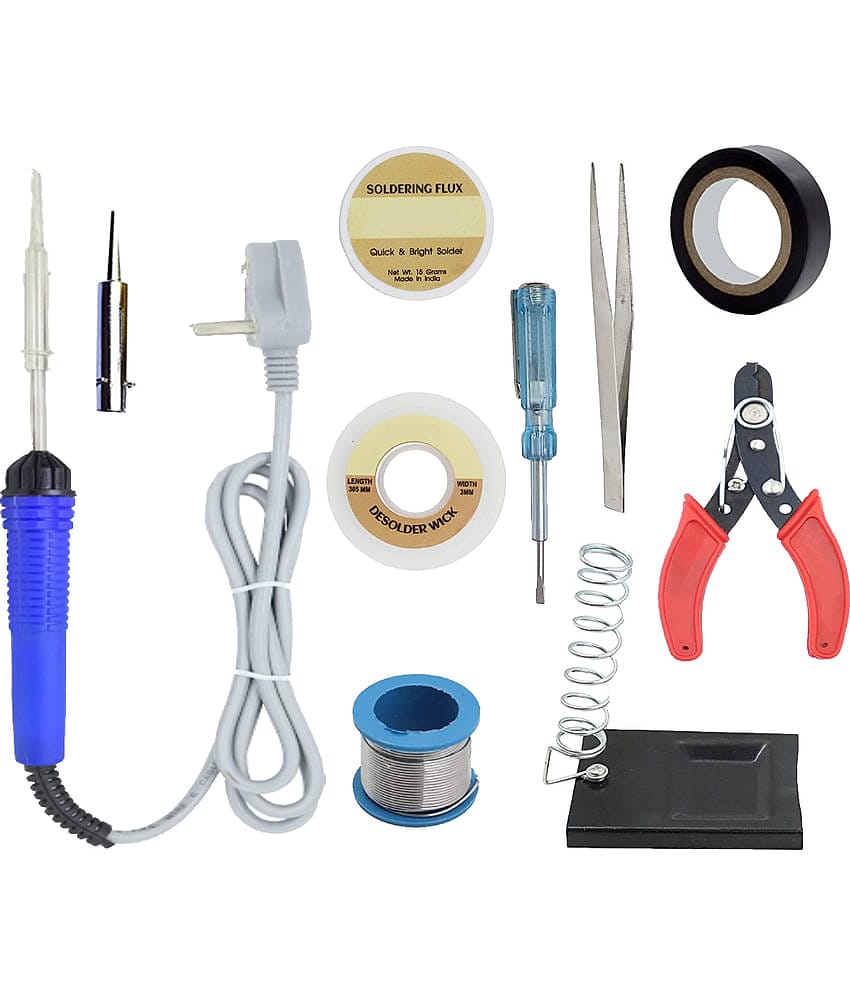 ALDECO: ( 10 in 1 ) Soldering Iron Kit contains- Blue Iron, Wire, Flux, Wick, Stand, Cutter, Tester, Tape, Tweezer, Bit