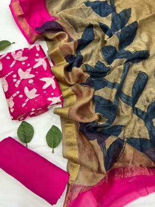 Hand Block Bagru Printed Maheshwari Border Silk Suit Set.