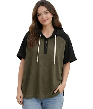 RodZen Women Poly Cotton Oversized Fit Hooded T-Shirt ( Green )