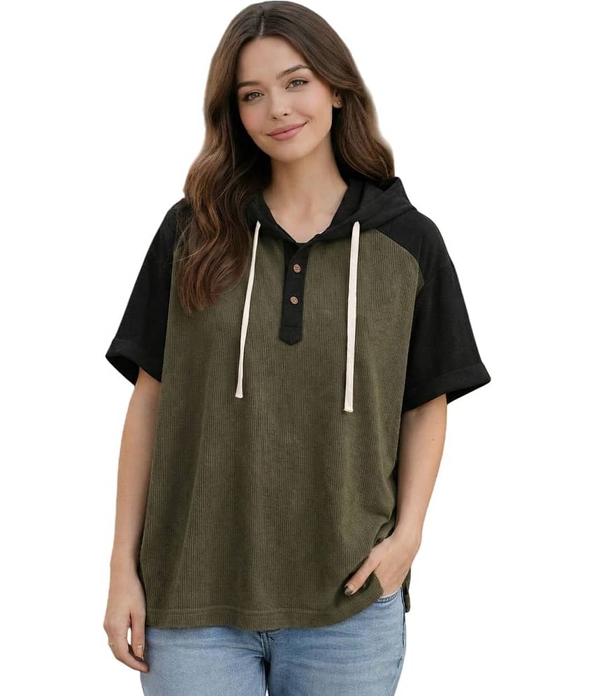 RodZen Women Poly Cotton Oversized Fit Hooded T-Shirt ( Green )
