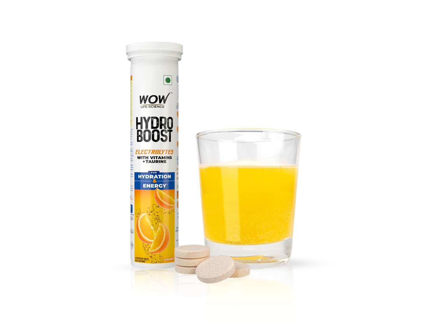 WOW Life Science Hydro boost Electrolytes Low Sugar Energy Drink For Instant Hydration - 20 Effervescent Tablets (6 Litres) With 5 Essential Electrolytes + Vitamins (B6, B12, C & D) Orange Flavour