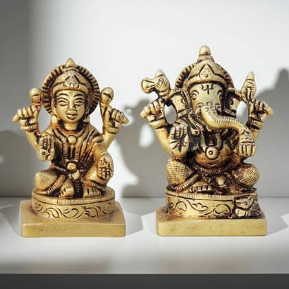 Brass Laxmi Ganesh Statue | Diwali Puja Idol for Home Mandir, Height : 3 Inch (BSMAS1453)