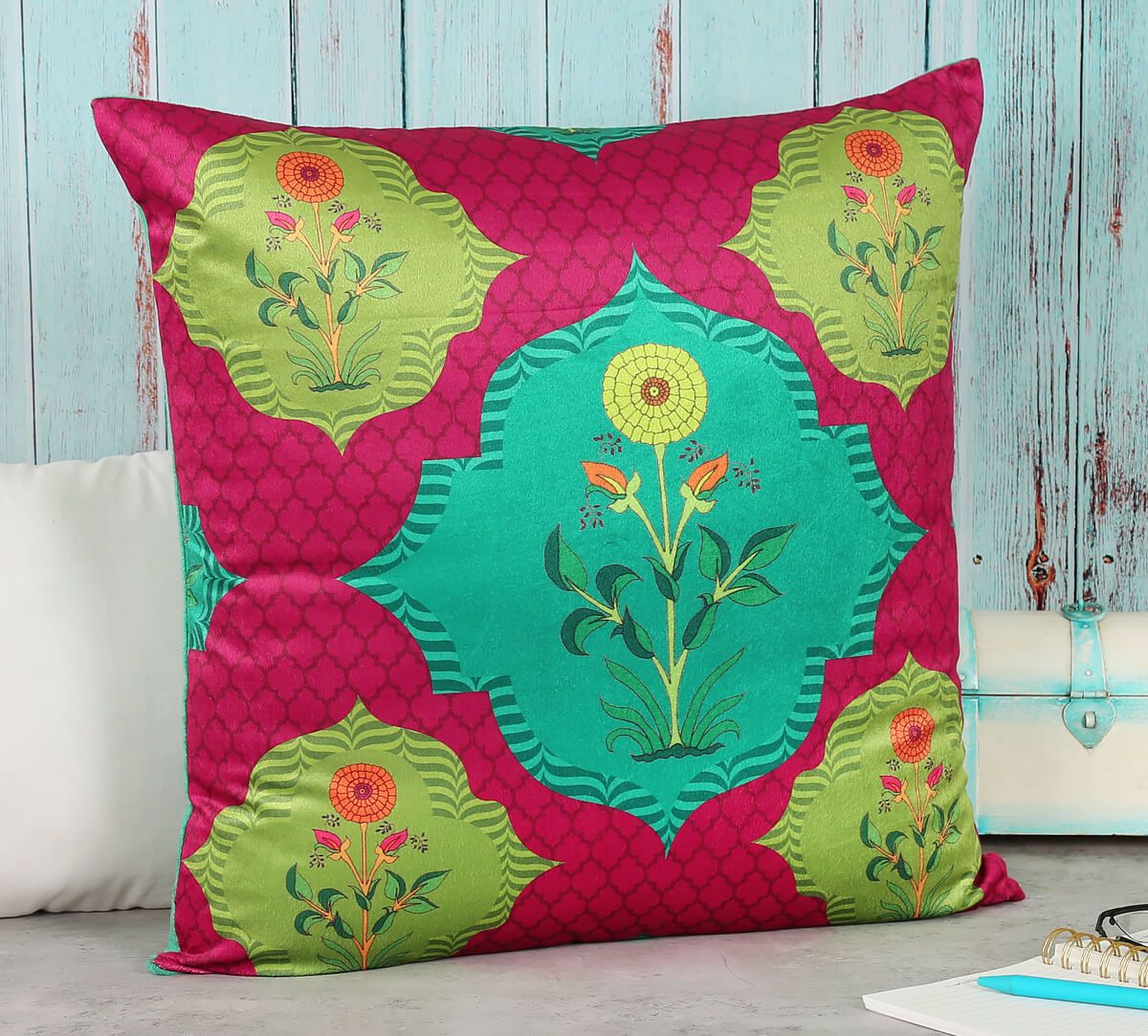 India Circus Blossom Tales- Blended Velvet Cushion Cover - 12 X 12 Inch