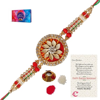Designer Rakhi with Cadbury Celebrations Gift Pack of 7 Assorted Chocolates and Roli Tikka Matki, Best Wishes Greeting Card