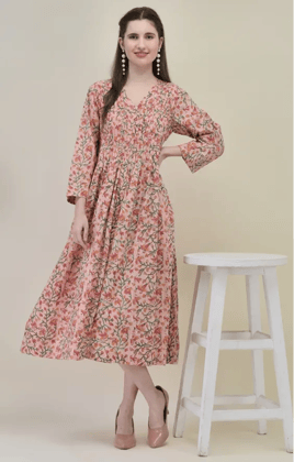 Peach Pink Hand Block Printed Dress