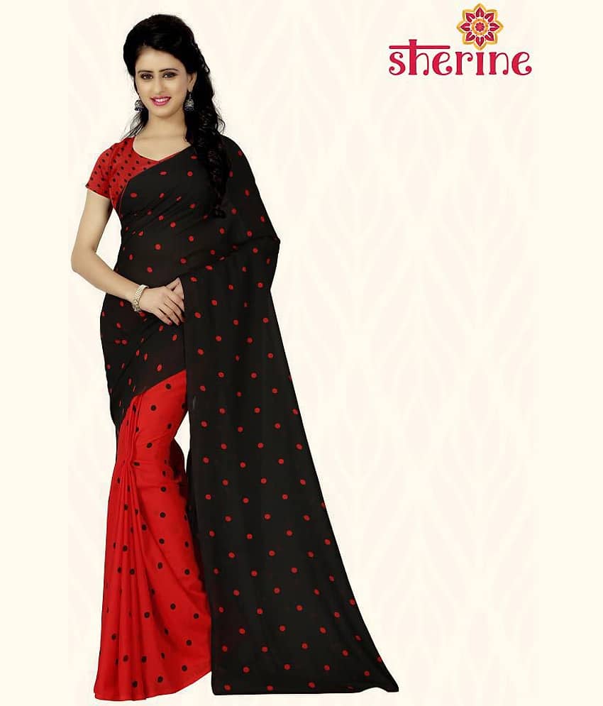 ANAND SAREES Georgette Saree With Unstitched Blouse Piece ( Black,Red )
