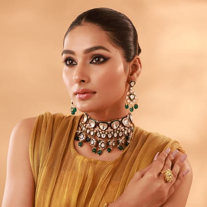 Mantra Emerald Polki Bridal Set-GOLD PLATED ALLOY POLKI STONES / EMERALD GREEN