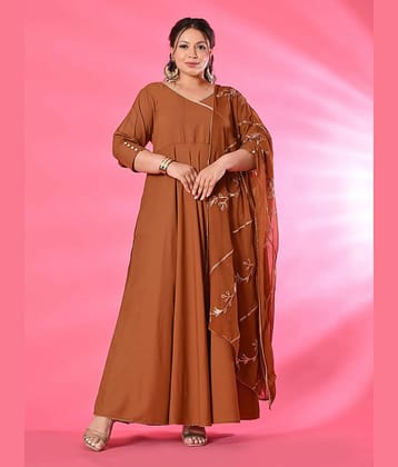 PrettyPlus by Desinoor.com Women Viscose Rayon Solid Anarkali Kurti with Dupatta ( Mustard )