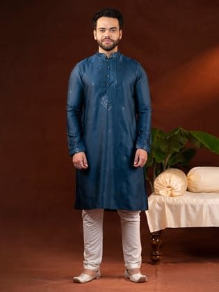 Denim Blue Embroidery Kurta Set-XS/36 / Kurta Churidaar Set