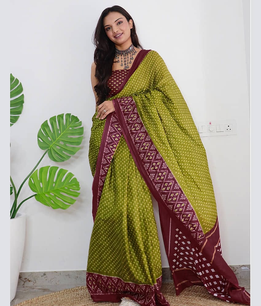 Samah Cotton Printed Saree With Unstitched Blouse Piece ( Olive )
