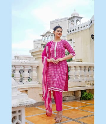 anushansa Cotton Blend Embroidered Kurti With Pants Women's Stitched Salwar Suit - Gold ( Pack of 1 )