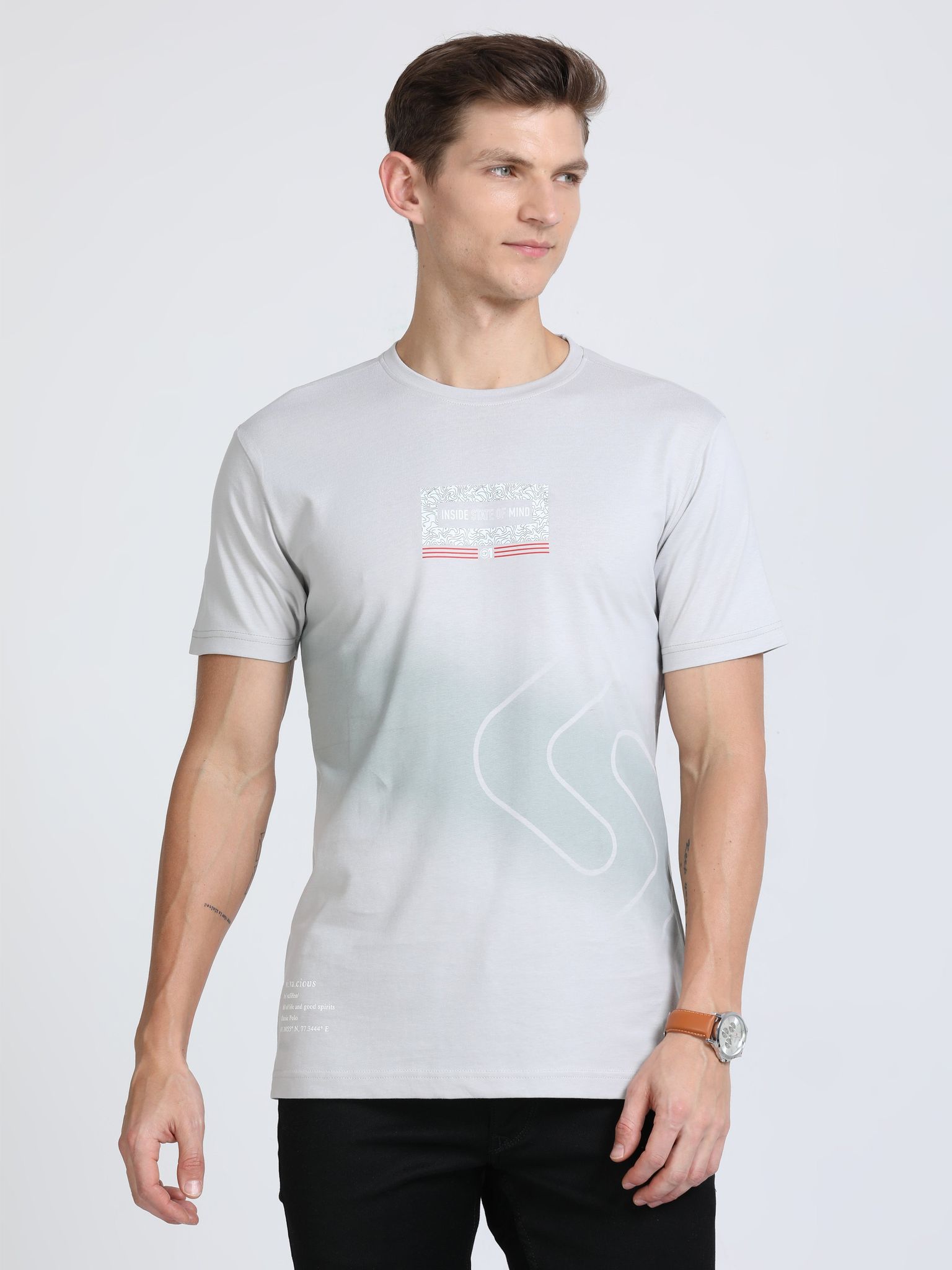 Classic Polo Mens Cotton Half Sleeves Printed Slim Fit Crew Neck Light White Color T-Shirt | Baleno - 563 A Sf C
