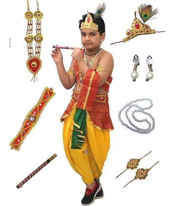 Krishna Dress With Mukut Basuri For Boys, Kanha Janmashtami Costume, 7-8 Years