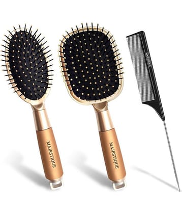 Majestique Golden Hair Brush Set, Paddle Hair Brush, Oval Detangle Brush & Tail Comb - 3Pcs Golden