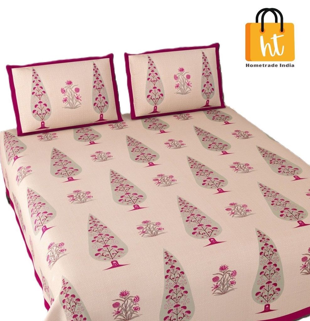 3001-Hometrade India-Standard King Size (90*108 Inches) Double Bedsheet With 2 Pillow Cover-RJ-14-Jaipur lining-3370