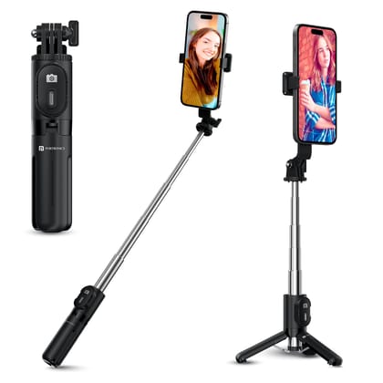 Portronics Lumistick Mini Extendable Multifunctional 3-in-1 Selfie Sticks with Wireless Detachable Bluetooth Remote & Tripod Stand,Portable Lightweight Selfie Stick for iPhone & Android Mobiles (Black)