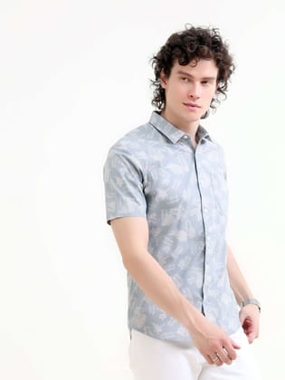 Tropical Palm Tree Powder Blue Printed Shirt-S