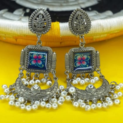 Oxidised Silver Jhumka Earrings with Blue Enamel, Pearl Strings Oxidised Silver Jhumka Earrings with Blue Enamel, Pearl Strings