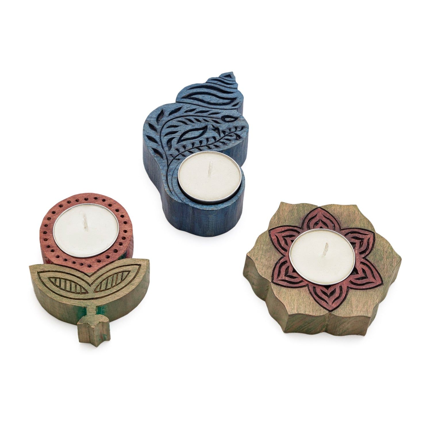 Block Carved Wood Stained T-light Holder Set of 3-Steam Beech / Red / Green / Blue