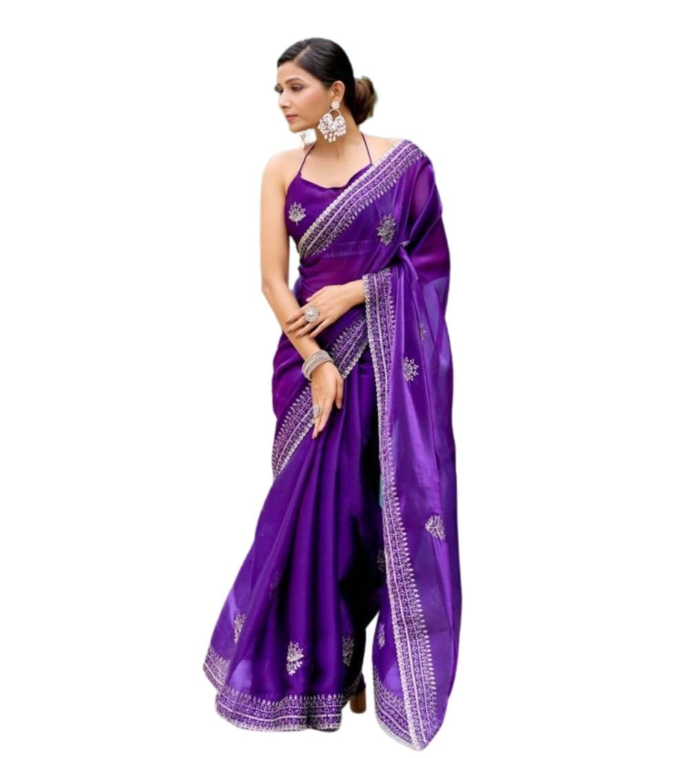 Women's Faux Shimmer Floral Embroidery Ready to wear Saree With Unstitched Blouse 5.5Mtr (Purple)-PID65921