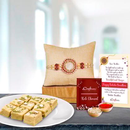 Designer Pearl Rakhi with Soan Papdi (500 Gm) and Roli Chawal Pack, Best Wishes Greeting Card